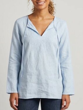 EDWARD Irish Linen Popover Tunic Pale Blue Embroidered Vintage Small